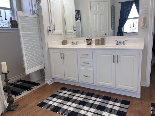 bathroom featuring double vanity, a sink, and wood finished floors