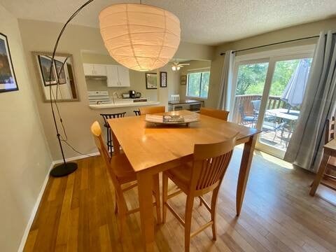 dining room featuring a textured ceiling, baseboards, and wood finished floors