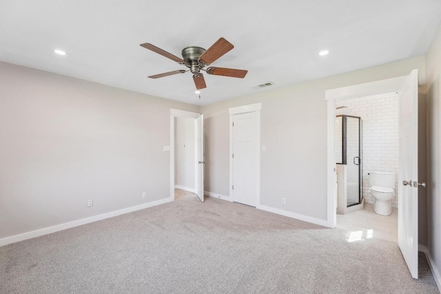 12810 Irongate Ave, Austin, TX 78727 - unfurnished bedroom with light colored carpet, recessed lighting, ensuite bath, and ceiling fan