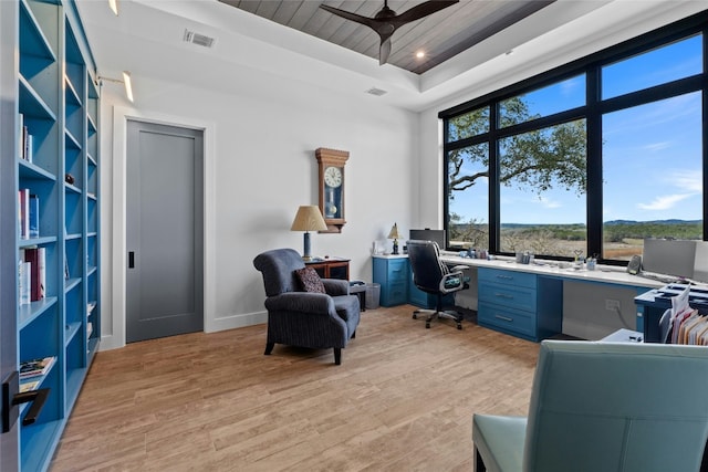 2923 Cliff Pt, Spicewood, TX 78669 - office featuring ceiling fan, light wood finished floors, a raised ceiling, and baseboards