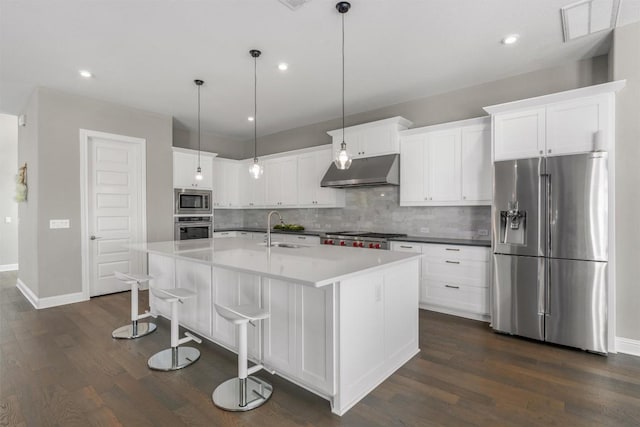 2201 Bel Paese Bnd, Leander, TX 78641 - kitchen featuring visible vents, appliances with stainless steel finishes, a sink, under cabinet range hood, and dark wood-type flooring