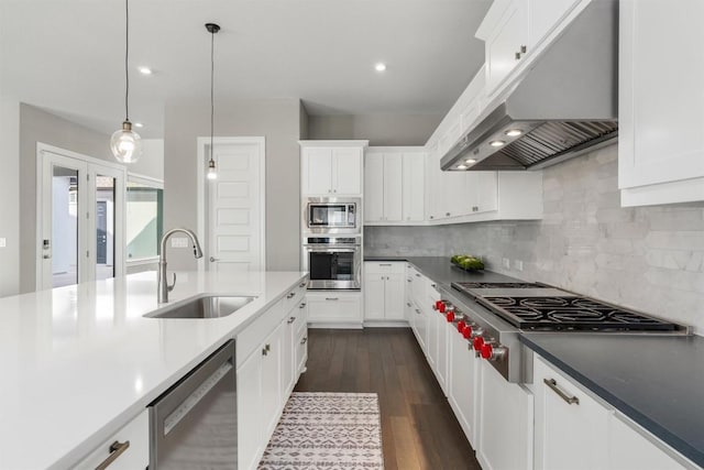 2201 Bel Paese Bnd, Leander, TX 78641 - kitchen with white cabinets, a sink, stainless steel appliances, backsplash, and under cabinet range hood