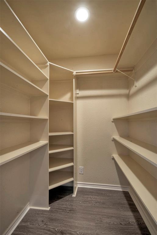 walk in closet featuring dark wood-style flooring