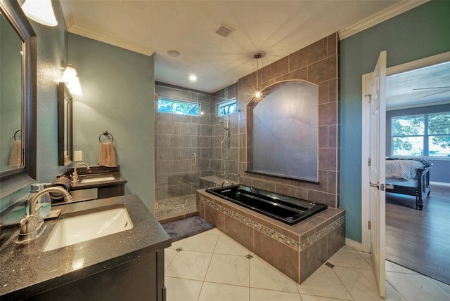 full bathroom featuring ornamental molding, walk in shower, and a wealth of natural light