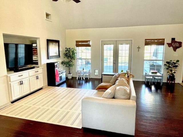 living area with french doors, plenty of natural light, wood finished floors, and baseboards