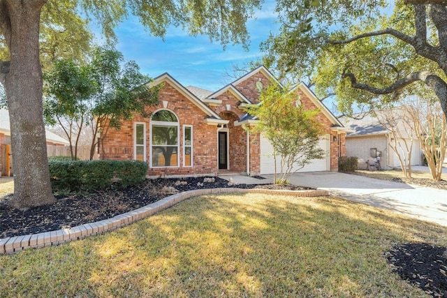 view of front of home featuring a garage, brick siding, driveway, and a front lawn