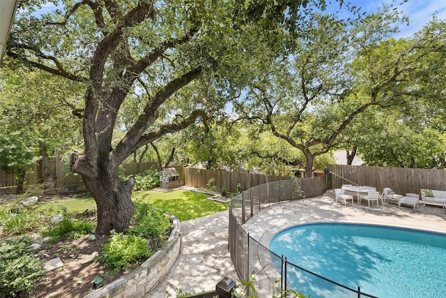 view of pool with a fenced in pool, a patio area, and a fenced backyard