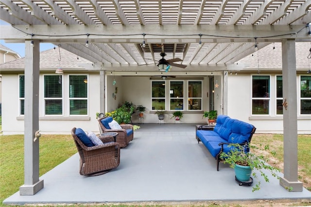 view of patio / terrace with ceiling fan, an outdoor living space, and a pergola