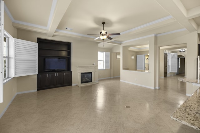 224 Tavish Trl, Austin, TX 78738 - unfurnished living room with a glass covered fireplace, coffered ceiling, ceiling fan, light tile patterned floors, and beamed ceiling