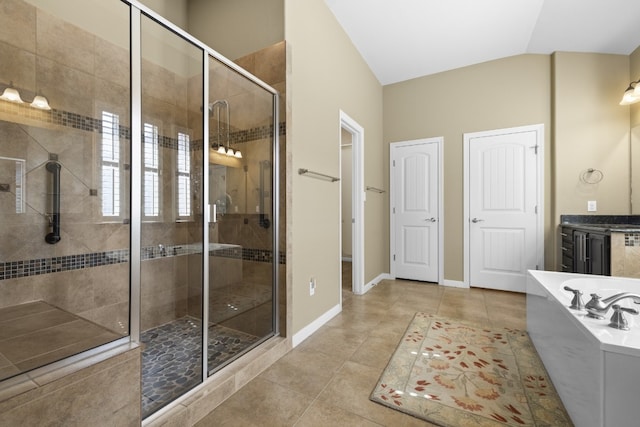 224 Tavish Trl, Austin, TX 78738 - bathroom with a shower stall, tile patterned flooring, baseboards, a bath, and vanity