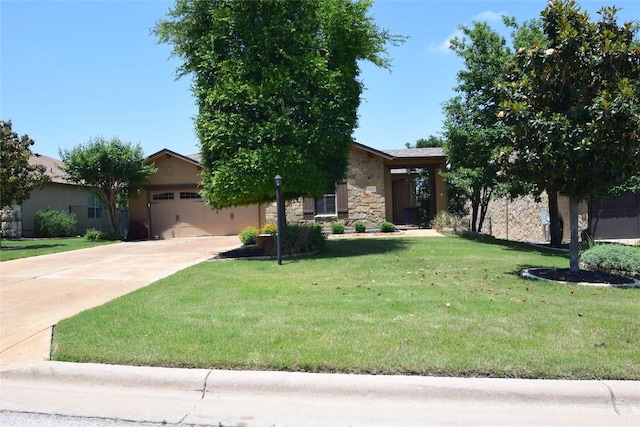 224 Tavish Trl, Austin, TX 78738 - obstructed view of property featuring an attached garage, stone siding, concrete driveway, and a front yard