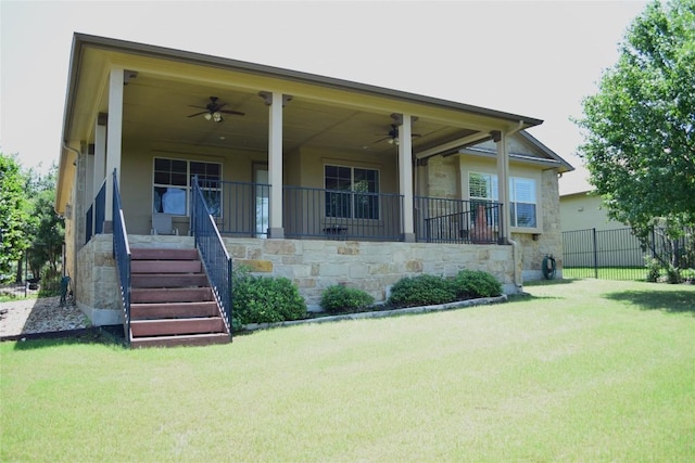 224 Tavish Trl, Austin, TX 78738 - rear view of property with stone siding, ceiling fan, and a porch