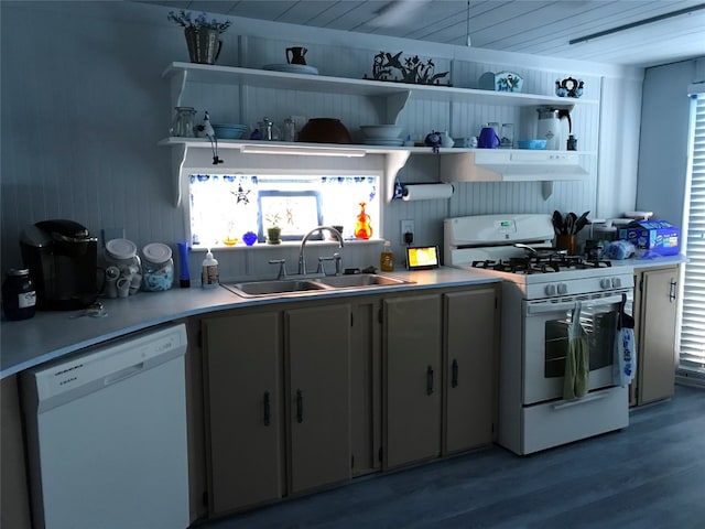 kitchen with range hood, open shelves, a sink, wood finished floors, and white appliances