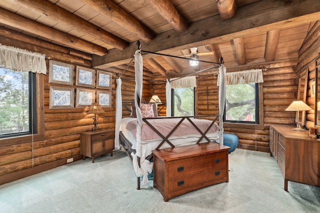 bedroom with wood ceiling and beam ceiling