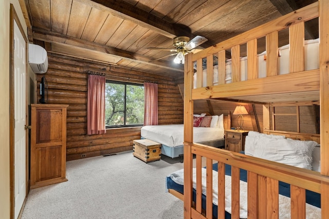 bedroom featuring visible vents, wooden ceiling, an AC wall unit, carpet flooring, and beam ceiling