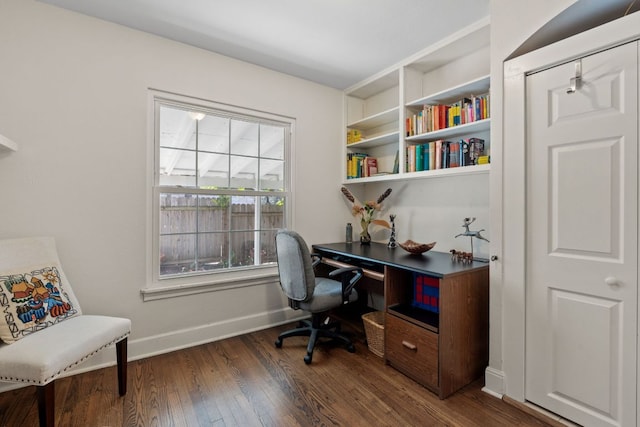 office space with dark wood finished floors and baseboards