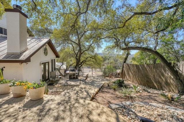 view of yard featuring french doors, a fenced backyard, and a patio