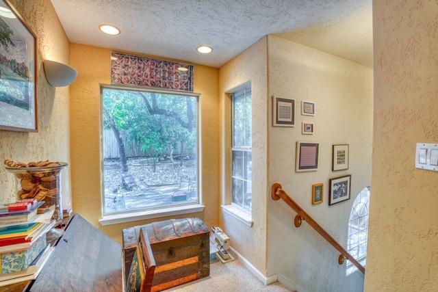 doorway featuring a textured wall, plenty of natural light, and carpet floors