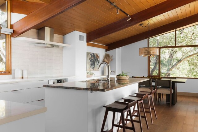 kitchen with visible vents, white cabinets, modern cabinets, a sink, and wood ceiling