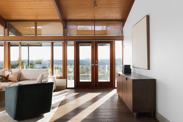 doorway featuring dark wood-style flooring, wooden ceiling, and french doors