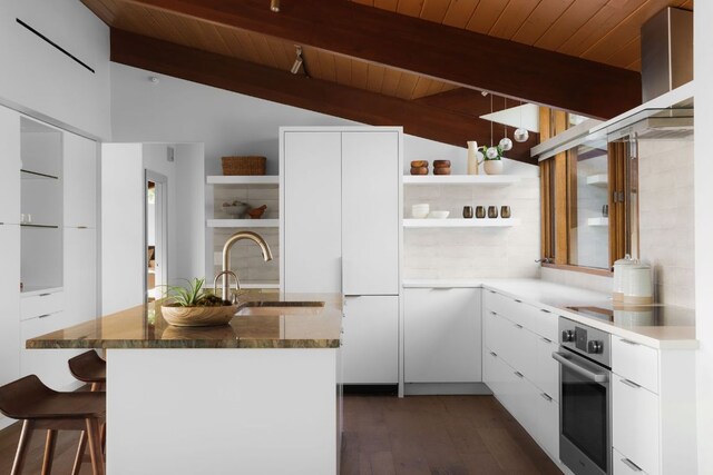 1400 Mount Larson Rd, Austin, TX 78746 - kitchen with open shelves, oven, wood ceiling, modern cabinets, and a sink