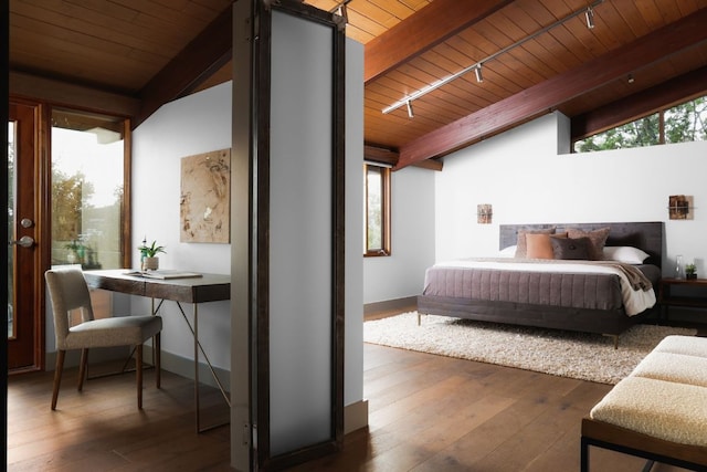 1400 Mount Larson Rd, Austin, TX 78746 - bedroom featuring wooden ceiling, hardwood / wood-style flooring, and track lighting