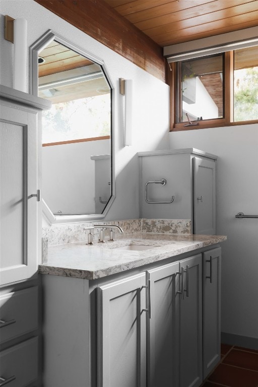 1400 Mount Larson Rd, Austin, TX 78746 - bathroom featuring wooden ceiling and vanity