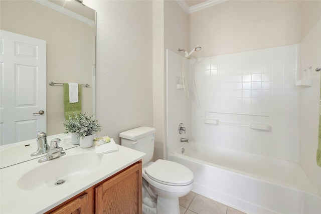 bathroom with tile patterned flooring, toilet, shower / washtub combination, vanity, and crown molding
