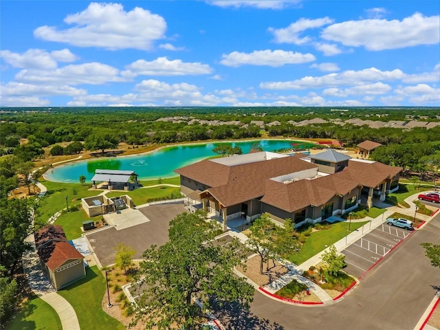 aerial view featuring a water view