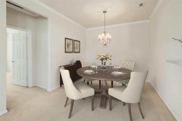 dining room with light colored carpet, visible vents, crown molding, and a chandelier