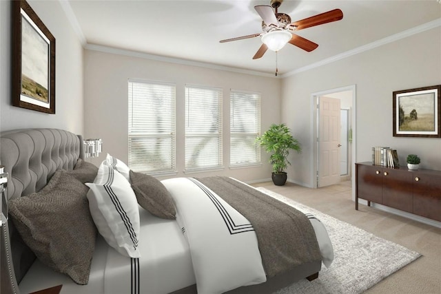 bedroom with multiple windows, baseboards, crown molding, and light colored carpet