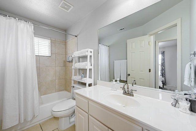 full bathroom featuring visible vents, shower / bathtub combination with curtain, toilet, and tile patterned floors