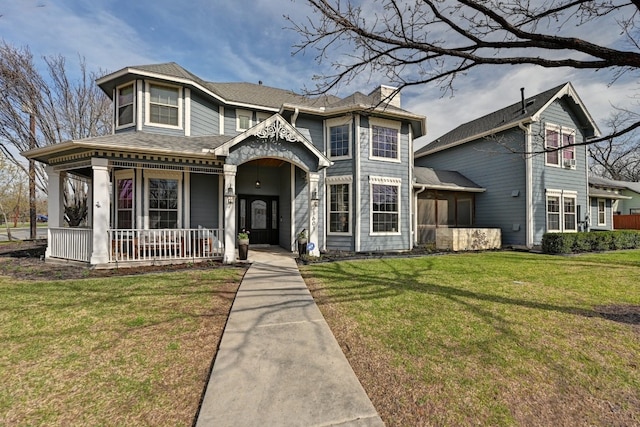 view of front of home with covered porch, a front lawn, and roof with shingles