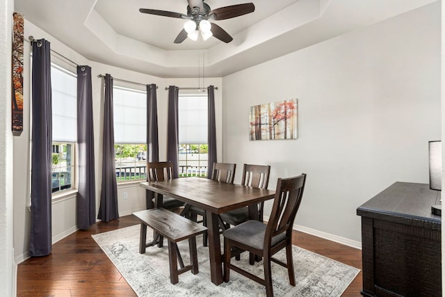 1601 Forest St, Georgetown, TX 78626 - dining space with a raised ceiling, ceiling fan, and dark wood-style flooring