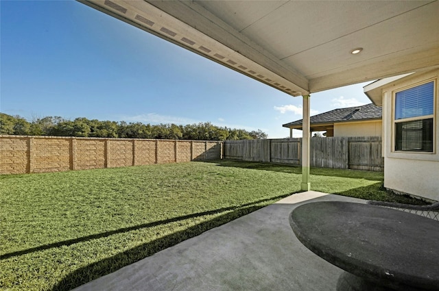 view of yard with a fenced backyard and a patio area