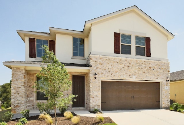view of front facade with a garage, stucco siding, concrete driveway, and stone siding