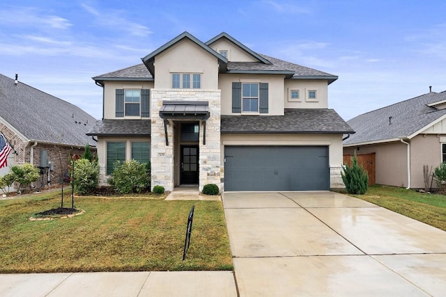 view of front of property with stucco siding, a shingled roof, a garage, driveway, and a front lawn