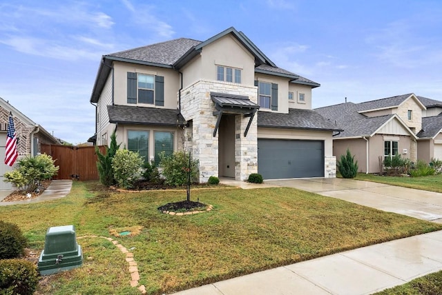 view of front facade featuring driveway, a garage, fence, a front lawn, and stucco siding