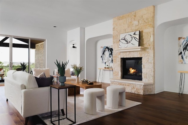 living room featuring baseboards, wood finished floors, and a stone fireplace