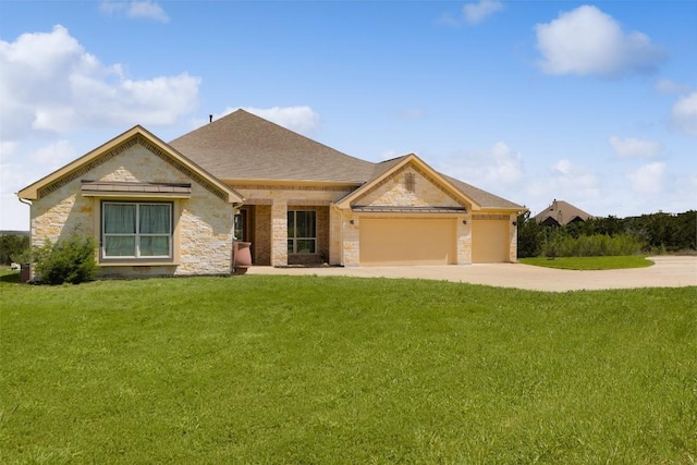 view of front facade featuring a garage, a shingled roof, driveway, stone siding, and a front lawn