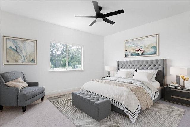 carpeted bedroom featuring ceiling fan and baseboards