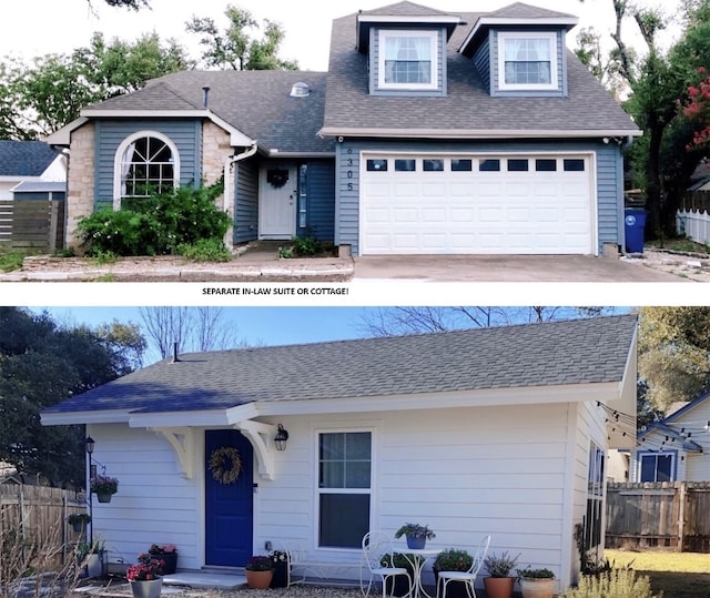 view of front facade with a garage, roof with shingles, and fence