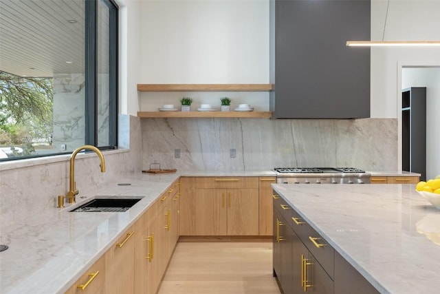 kitchen featuring a sink, decorative backsplash, light stone countertops, and modern cabinets