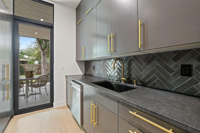 kitchen featuring dishwasher, gray cabinetry, and a sink