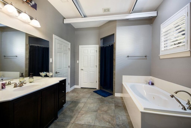 9512 Palmbrook Dr, Austin, TX 78717 - full bathroom with vanity, a jetted tub, and curtained shower