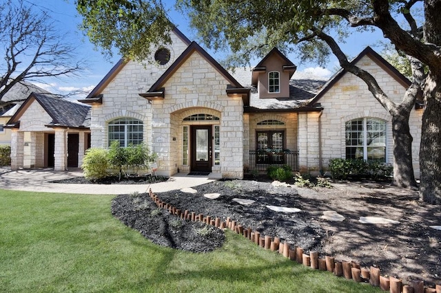 french country style house featuring a front yard and french doors