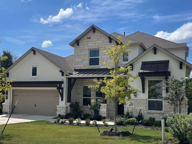 view of front of house with a standing seam roof, metal roof, a front lawn, and stone siding