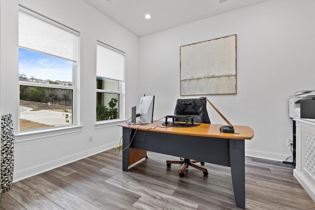 office area featuring recessed lighting, baseboards, and wood finished floors