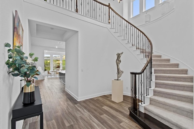 4737 Modena Bay Bnd, Leander, TX 78641 - foyer entrance featuring stairs, wood finished floors, baseboards, and a towering ceiling