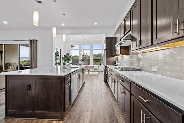4737 Modena Bay Bnd, Leander, TX 78641 - kitchen featuring wood finished floors, appliances with stainless steel finishes, dark brown cabinets, an island with sink, and light countertops